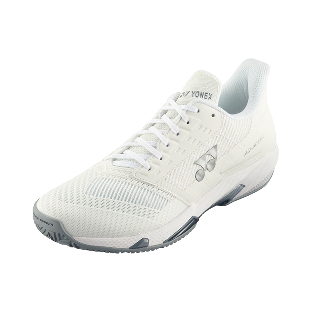 Yonex Power Cushion AD Accel ladies tennis shoe with white and pink design, featuring cushioned sole and supportive upper for tennis play.