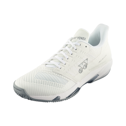 Yonex Power Cushion AD Accel ladies tennis shoe with white and pink design, featuring cushioned sole and supportive upper for tennis play.