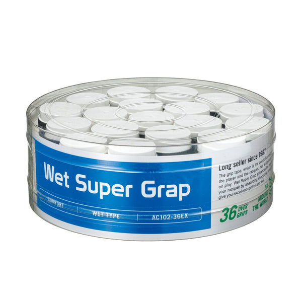 Yonex Wet Super Grap tennis overgrip in white, displayed in a 36-pack, suitable for improving grip during play.