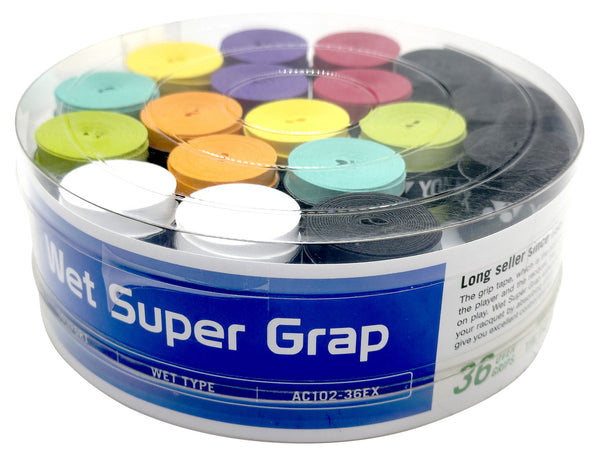 Yonex Wet Super Grape overgrip pack with assorted colors, designed for tennis and badminton rackets, showing multiple grip rolls.