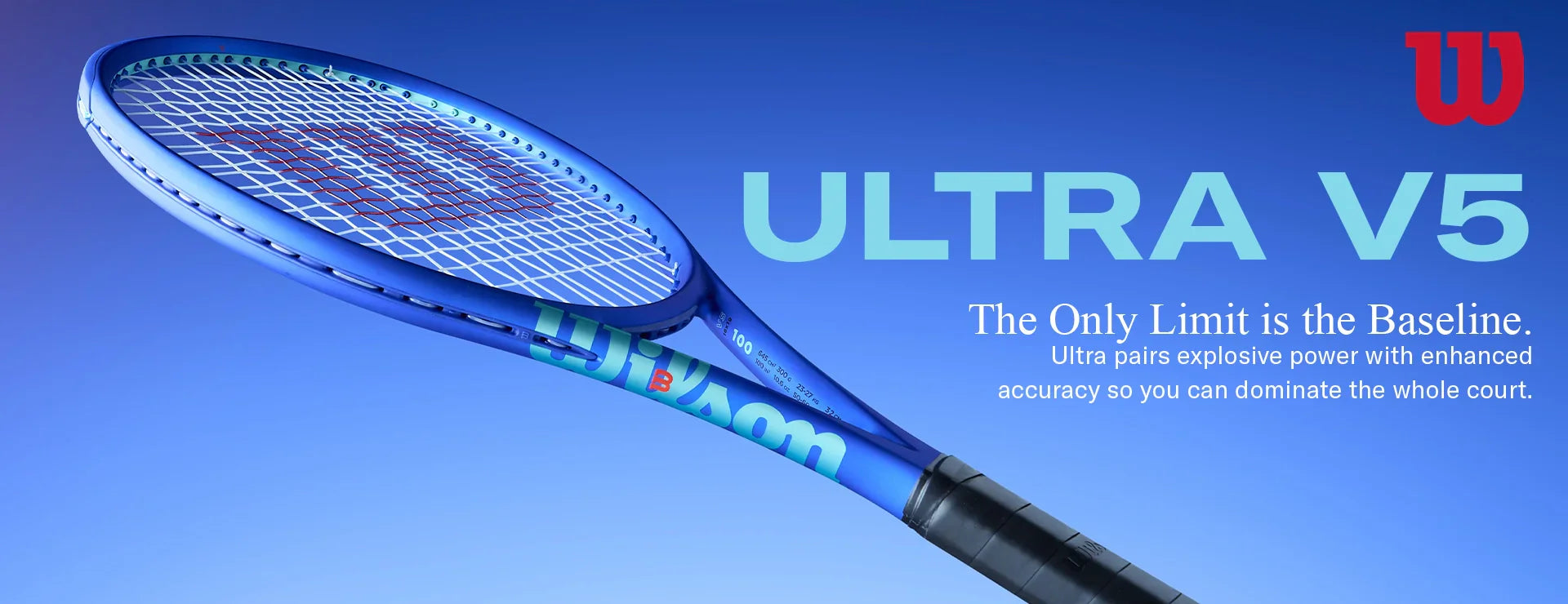 Blue Wilson Ultra V5 tennis racket on a blue background with brand logo.